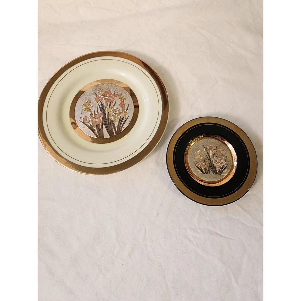 The Art Of Chokin 24 Kt‎ Gold Edge Plate Set Of 2 Butterflies And Flowers EUC